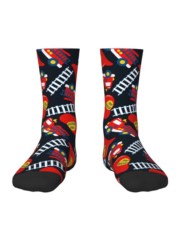 Fire Rescue With Red Helmet And Truck Print Kids Socks For Boys Girls,Grip Crew Socks with Non Slip,Lightweight Stretch Crew Socks,Toddlers Crew Boot Socks
