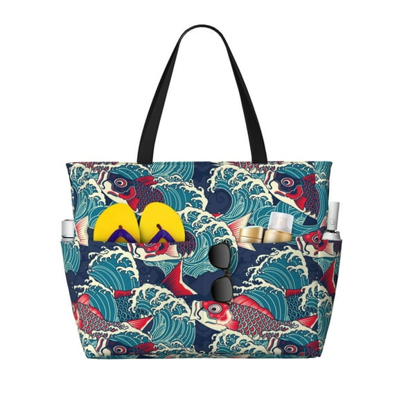Fuzoiu Fish In The Wave Print Waterproof Beach Tote Bag for Women Girls with Zipper,Sandproof Pool Swim Bag,Large Capacity Beach Travel Bag for Pool Swim Travel Everyday
