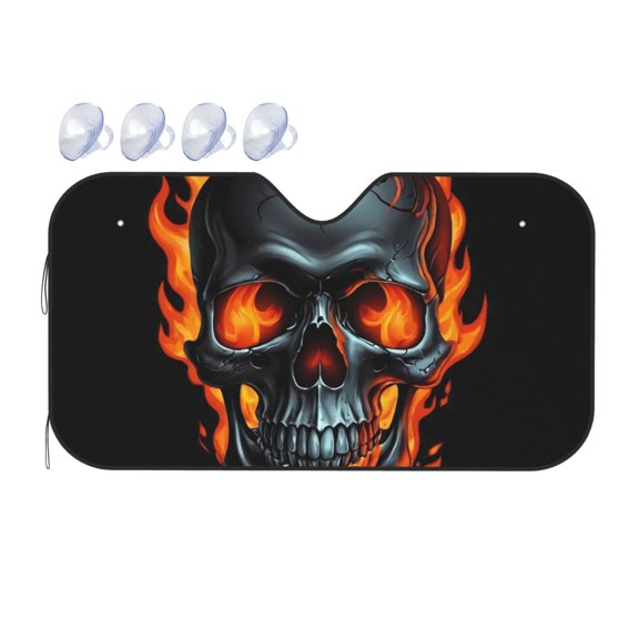 Fuzoiu Flame Metal Skull Print Car Windshield Sunshade,Foldable Reflective Sun Visor,Windshield Sun Shade,UV Rays Sun Visor Shade,Auto Front Sun Shield Shade-Small