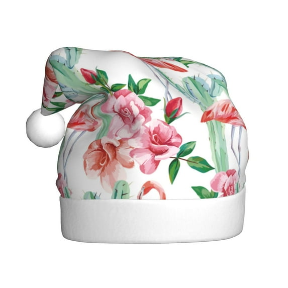 Fuzoiu Flamingo Flower Print Santa Hat Christmas Hat for Adults,Santa Hats with Pompom, Unisex Xmas Holiday Hat for Christmas New Year Festive Party Supplies