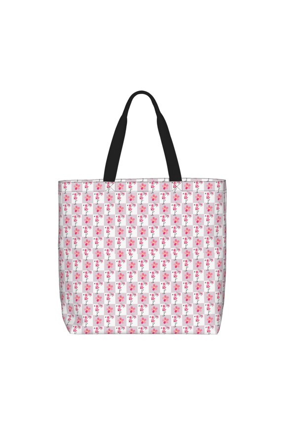 Flamingo On Checkered Print Durable Tote Bag,Shoulder Bag with Zipper Closure,Casual Tote's Handbag,for Daily Use, Shopping, School, Work