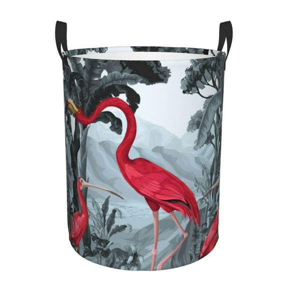 Fuzoiu Flamingo On The Jungle Print Circular Hamper,Laundry Basket with Handle,Collapsible Laundry,Dirty Clothes Storage Basket,for Bedroom Bathroom Dorm Living Room-Small