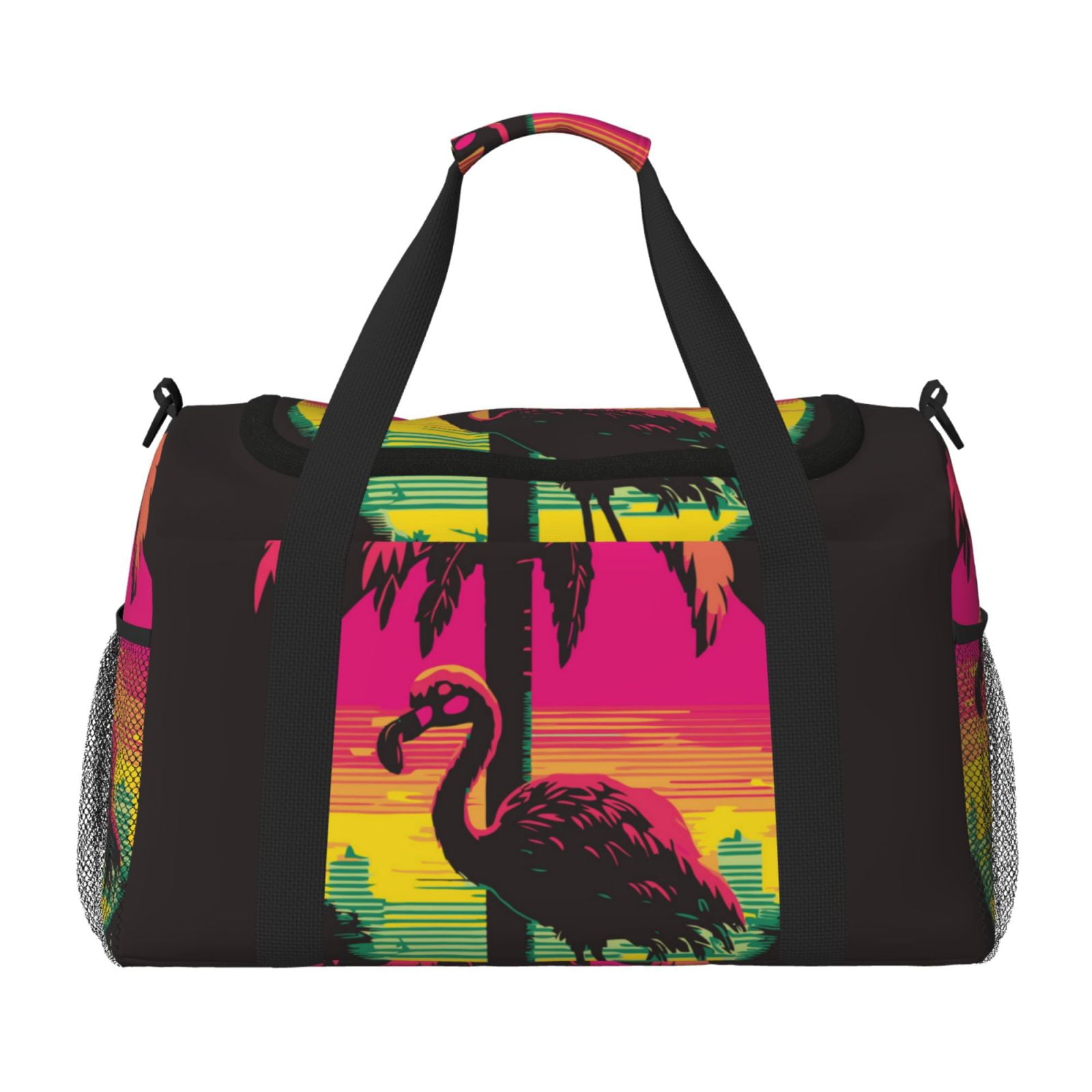 Fuzoiu Flamingo And Palm Trees At Sunset Print Travel Duffle Bag,Carry On Tote Bags,Duffel Bag,Sport Gym Bag, Hospital Bag for Labor and Delivery, Overnight Bag,Luggage Bag