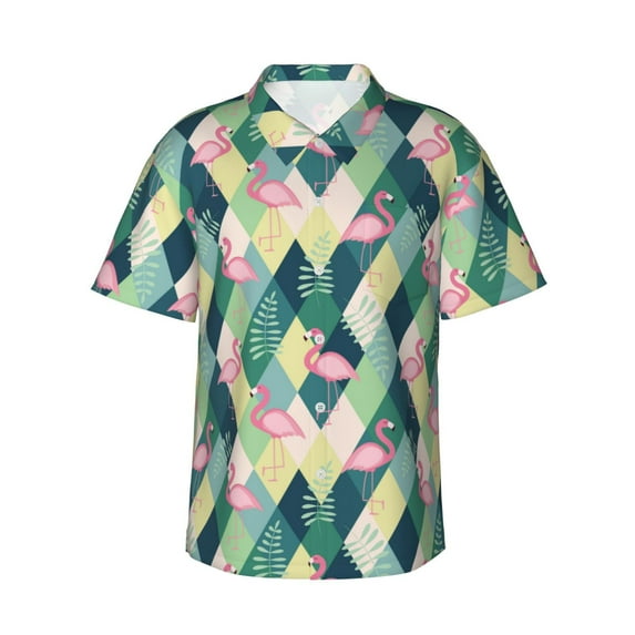 Fuzoiu Flamingo Print Hawaiian Shirt for Men, Summer Beach Casual Short Sleeve Button Down Shirts, Men’s Beach Summer Shirts with Pocket,X-Large
