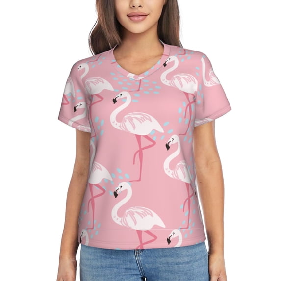 Fuzoiu Flamingo Print Women's Classic V-Neck T-Shirt, Short Sleeve V Neck Tees for Casual Everyday Wear,Casual Fit Tee,Summer Fashion Tops-3X-Large
