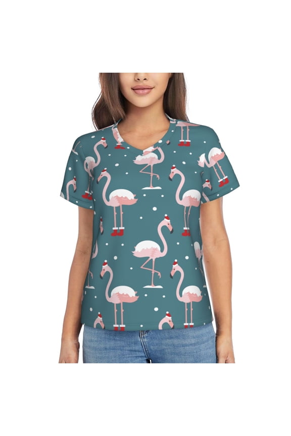 Flamingo Print Women's Classic V-Neck T-Shirt, Short Sleeve V Neck Tees for Casual Everyday Wear,Casual Fit Tee,Summer Fashion Tops-Large