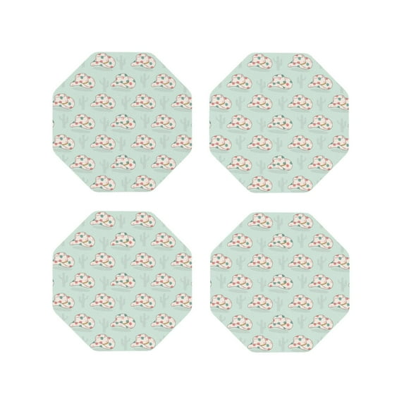 Fuzoiu Flora Daisy Cactus Print Leather Coasters Set,Drink Coasters Set of 4,for Tabletop Protection, Durable PVC Coasters,Home Décor and Housewarming Gift-Octagon