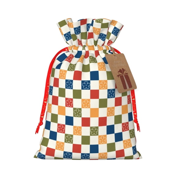 Fuzoiu Floral Checkerboard Print Christmas Gift Bag,Burlap Gift Bag with Drawstring Closure & Hang Tag,Perfect for Holidays, Birthdays, and Special Occasions-Medium