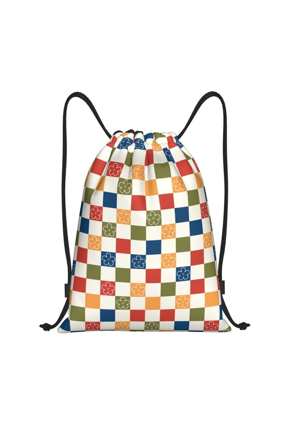 Floral Checkerboard Print Drawstring Backpack for Gym, Travel, Yoga,Sports Sackpack String Bag for Women Men-Small