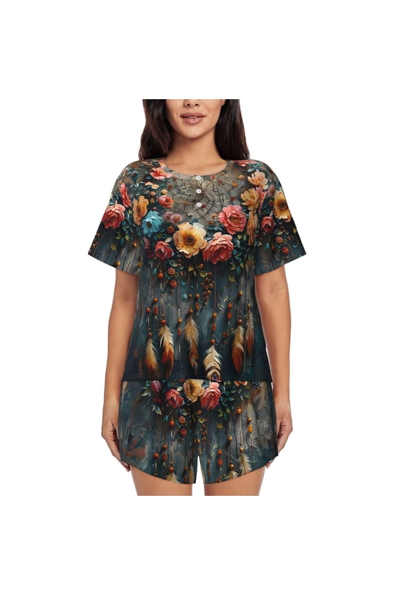 Floral Dreamcatcher Elegance Print Women's Short-Sleeved Pajama Set,Lounge Sleepwear Set,Womens Pajama Sets 2 Piece,Button-Up Top and Shorts with Pockets-Large