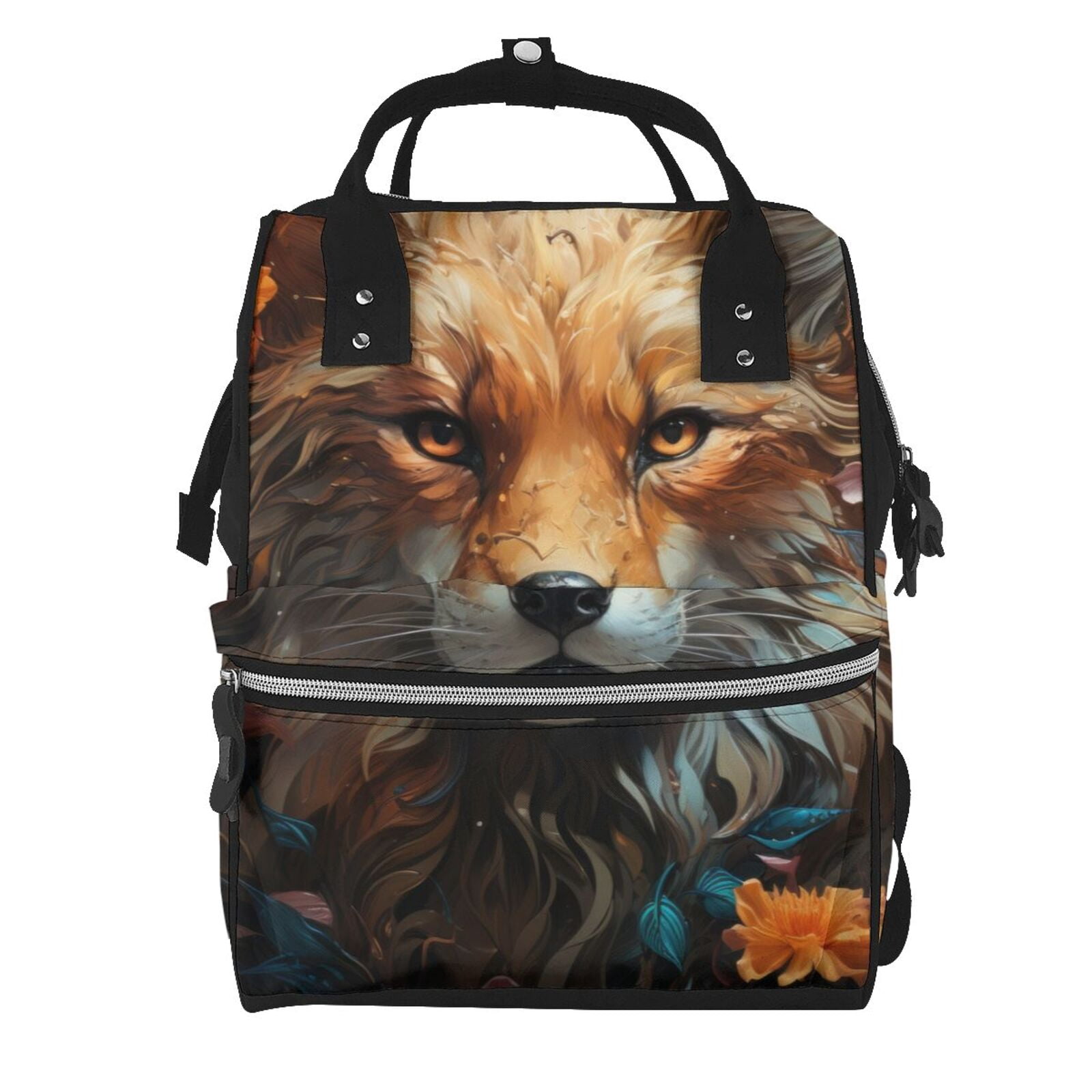 Fuzoiu Floral Fox Print Diaper Bag Backpack,Baby Essentials Travel Tote,Multi function Waterproof Diaper Bag, Travel Essentials Baby Bag - Unisex