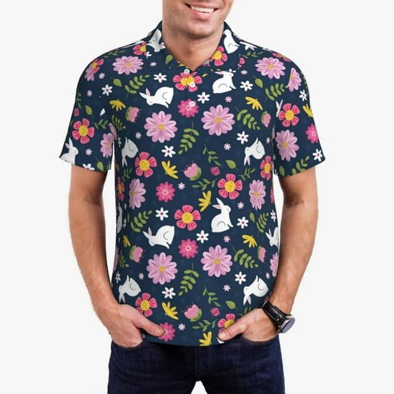 Fuzoiu Floral Rabbit Print Men's Polo Shirts Short Sleeve,Golf Shirts for Men,Mens Golf Shirt Moisture Wicking Quick-Dry-Small