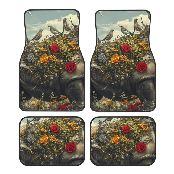 Fuzoiu Floral Rhino With Birds Print Carpet Floor Mats for Car,Car Foot Mat Set,Universal Fit 4 Piece Mat Pad Set,Fits Most Cars Trucks Vans Sedans SUV Auto Carpet Mat Se