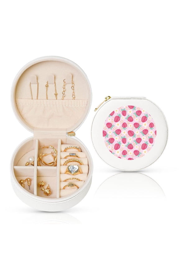 Floral Strawberr Print Portable Jewelry Box,Round Mini Leather Travel Jewelry Case,Small Travel Jewelry Organizer,Jewelry Holder for Ring Necklace Earring for Women Girls-White