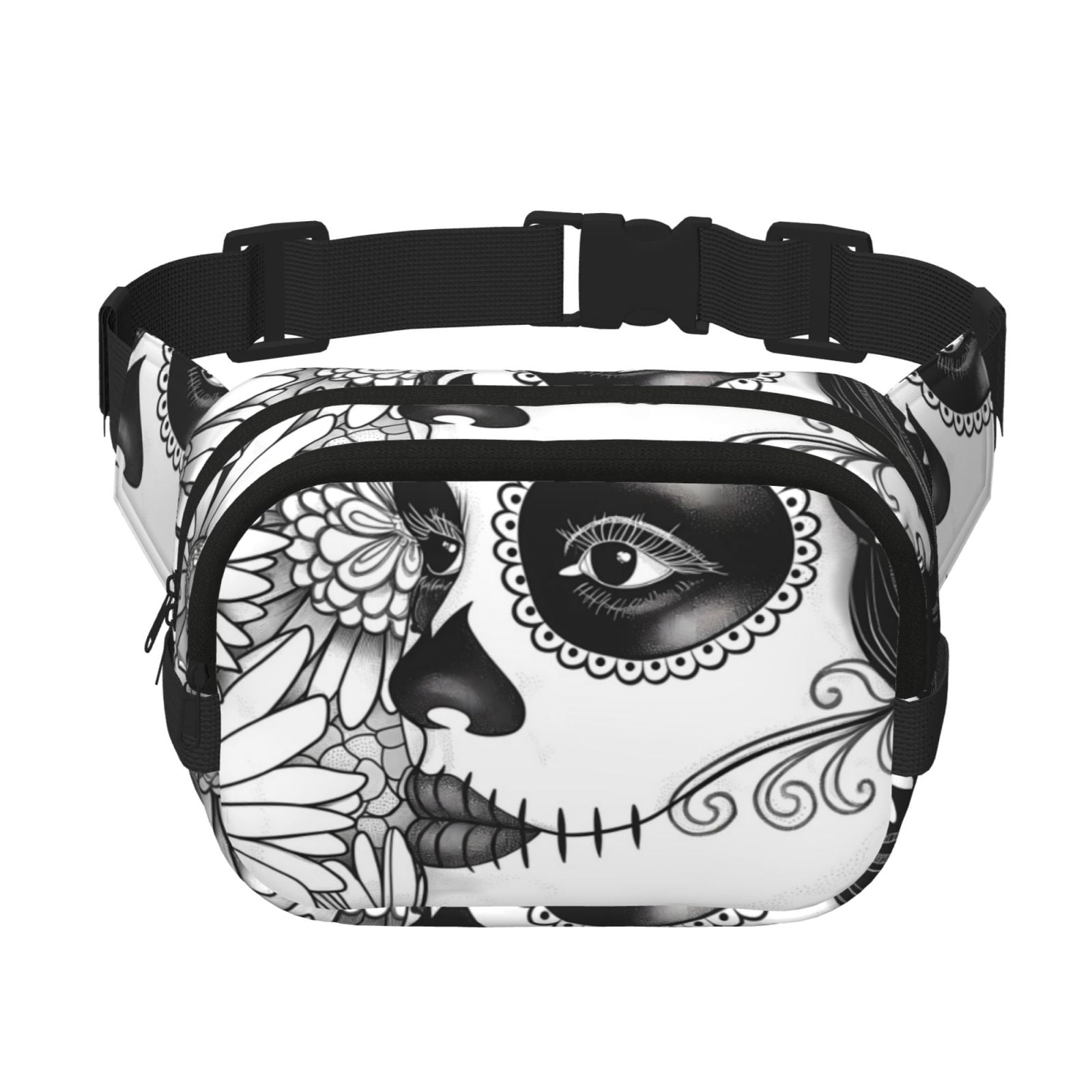 Fuzoiu Floral Sugar Skull Portrait Print Unisex Square Double Layer Waist Bag,Crossbody Fanny Pack Travel Workout Accessory
