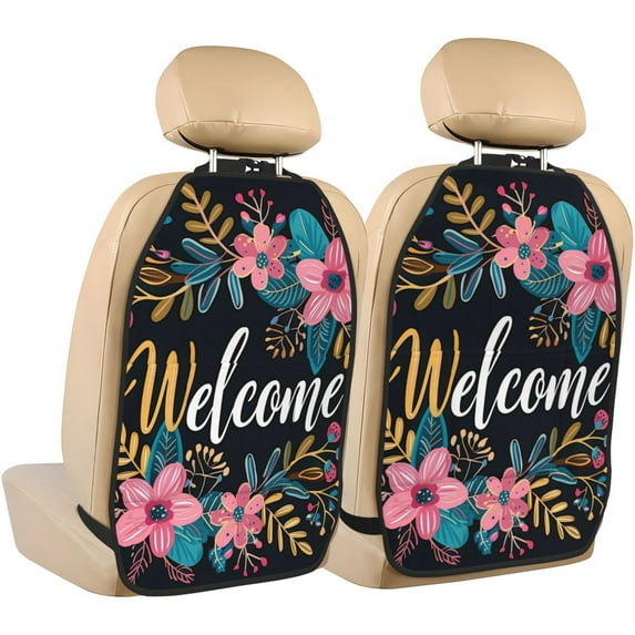 Fuzoiu Floral Welcome Sign Print 2 Pack Kick Mat Back Seat Protector With 3 Storage Pockets, Universal Car Seat Back Organizer For Kids Pets, Waterproof Backseat Protector For Most Car