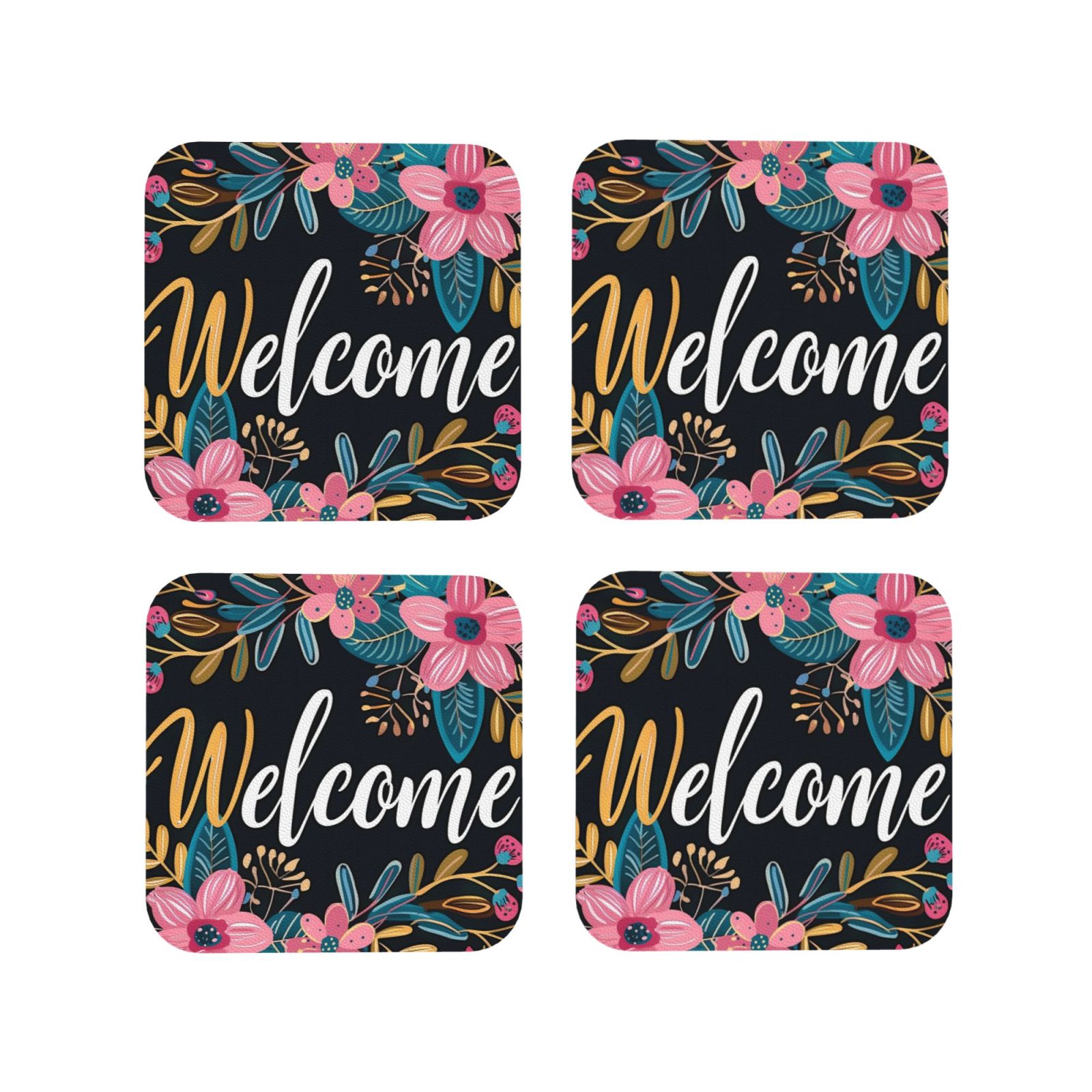 Welcome Protection Fuzoiu Floral Welcome Sign Print Leather Coasters Set,Drink Coasters ...