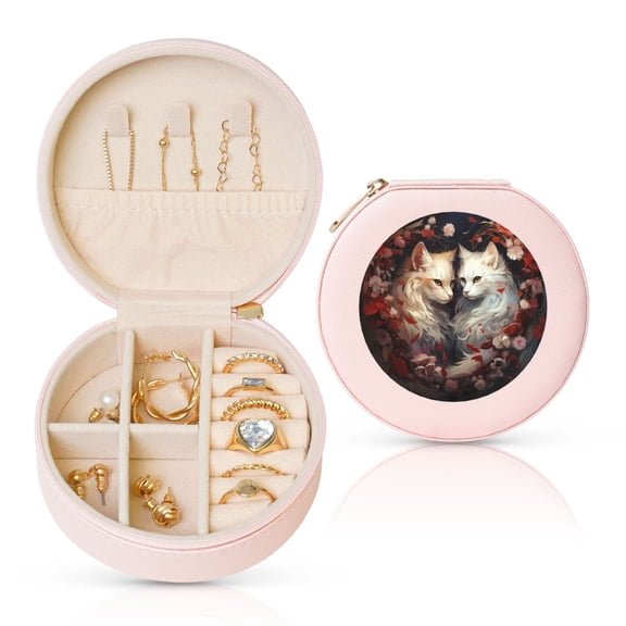 Fuzoiu Flower Cat Couple Print Portable Jewelry Box,Round Mini Leather Travel Jewelry Case,Small Travel Jewelry Organizer,Jewelry Holder for Ring Necklace Earring for Women Girls-Pink