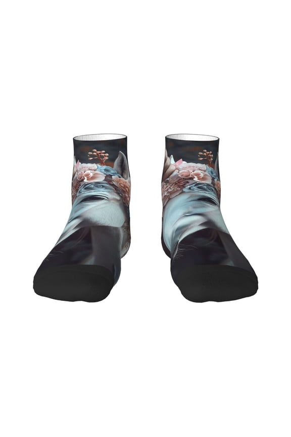 Flower Crown White Horse Print Adult Socks, Crew Moisture-wicking Socks, Unisex Cushion Crew Socks,Casual Sports Ankle Socks