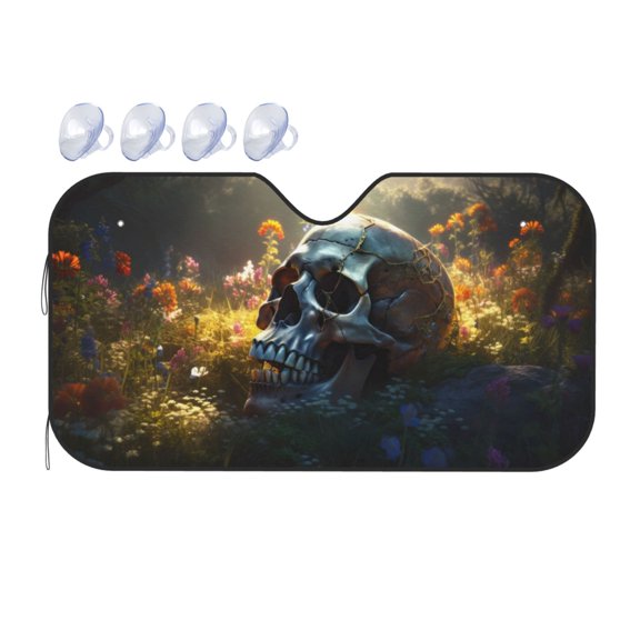 Fuzoiu Flower Field Skull Print Car Windshield Sunshade,Foldable Reflective Sun Visor,Windshield Sun Shade,UV Rays Sun Visor Shade,Auto Front Sun Shield Shade-Small