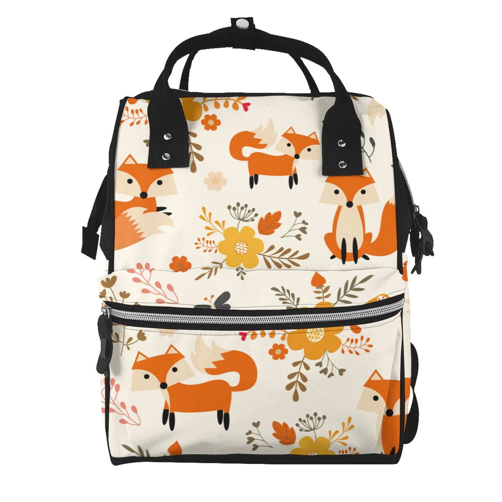 Fuzoiu Flower Fox Print Diaper Bag Backpack,Baby Essentials Travel Tote,Multi function Waterproof Diaper Bag, Travel Essentials Baby Bag - Unisex