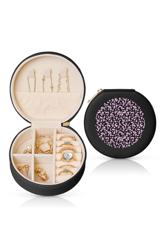 Flower Print Portable Jewelry Box,Round Mini Leather Travel Jewelry Case,Small Travel Jewelry Organizer,Jewelry Holder for Ring Necklace Earring for Women Girls-Black