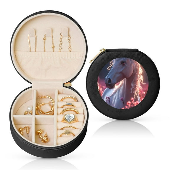 Fuzoiu Flower White Horse Print Portable Jewelry Box,Round Mini Leather Travel Jewelry Case,Small Travel Jewelry Organizer,Jewelry Holder for Ring Necklace Earring for Women Girls-Black