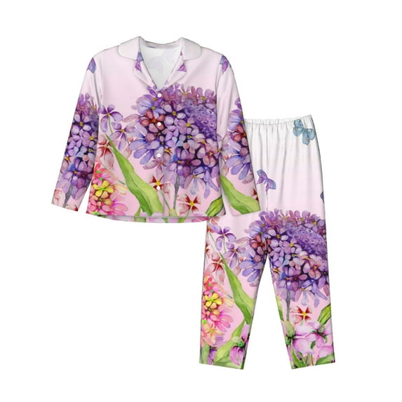 Fuzoiu Flowers And Colorful Butterflies Print Women's Long-Sleeved Pajama,Lounge Button Down Nightwear,Womens Notch Collar Pajama Set-Small