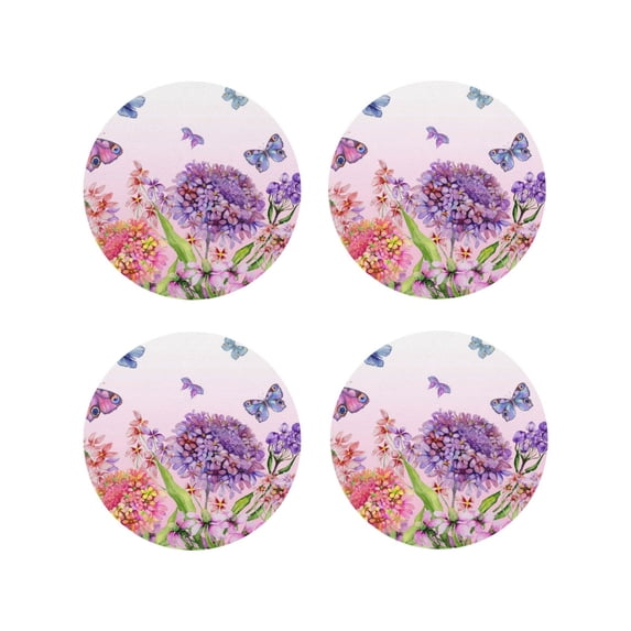 Fuzoiu Flowers And Colorful Butterflies Print Leather Coasters Set,Drink Coasters Set of 4,for Tabletop Protection, Durable PVC Coasters,Home Décor and Housewarming Gift-Round Shape
