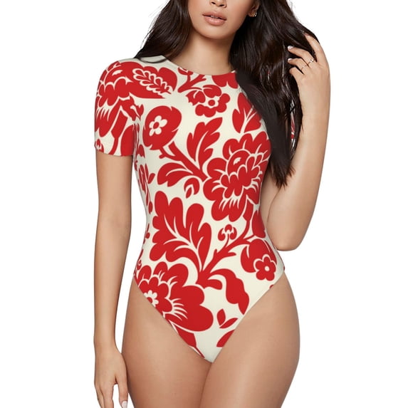 Fuzoiu Flowers Red Beige Print Women's Short-Sleeved Onesie, Short Sleeve Body Suits, Women Round Neck Bodysuits for Women,for Daily Wear, Parties, and Layering-Large