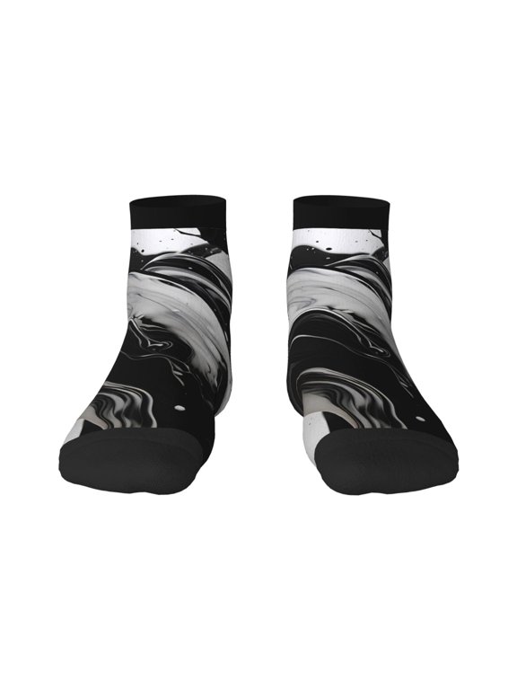 Fluid Black White Paint Swirls Print Adult Socks, Crew Moisture-wicking Socks, Unisex Cushion Crew Socks,Casual Sports Ankle Socks