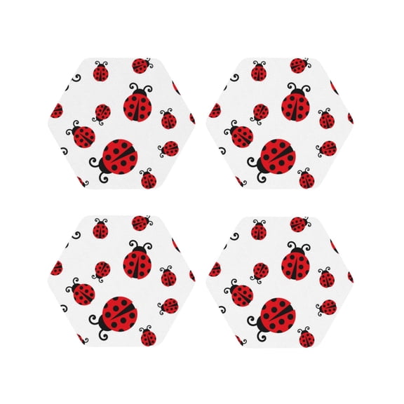 Fuzoiu Fly Flying Ladybug Print Leather Coasters Set,Drink Coasters Set of 4,for Tabletop Protection, Durable PVC Coasters,Home Décor and Housewarming Gift-Hexagon