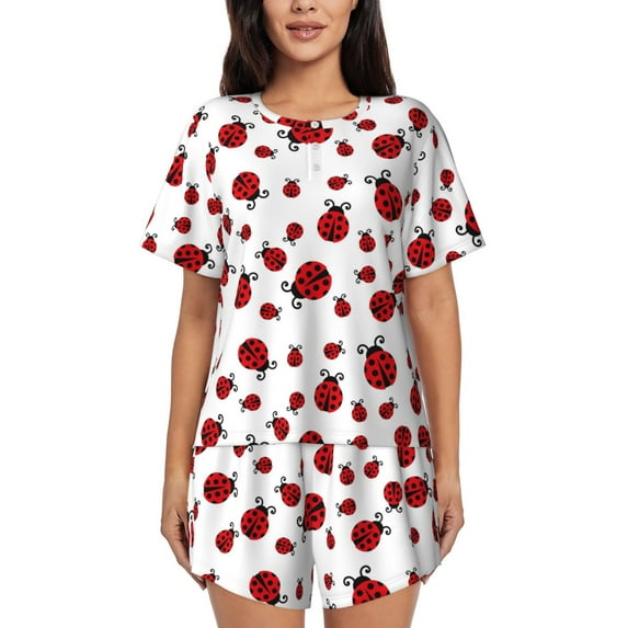 Fuzoiu Fly Flying Ladybug Print Women's Short-Sleeved Pajama Set,Lounge Sleepwear Set,Womens Pajama Sets 2 Piece,Button-Up Top and Shorts with Pockets-Small