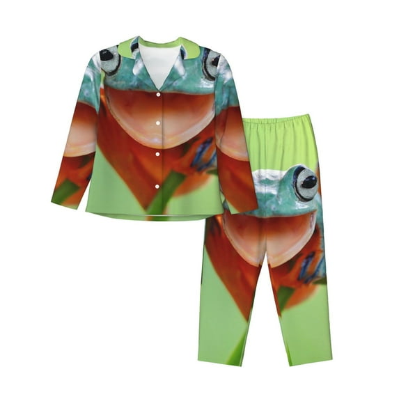 Fuzoiu Flying Frog On Branch Print Women's Long-Sleeved Pajama,Lounge Button Down Nightwear,Womens Notch Collar Pajama Set-XX-Large