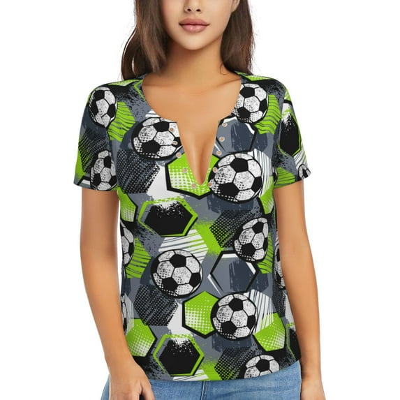 Fuzoiu Football Print Women's V-Neck T-Shirt,Women's Short Sleeve Top, Comfortable for Work, Leisure, and Sports