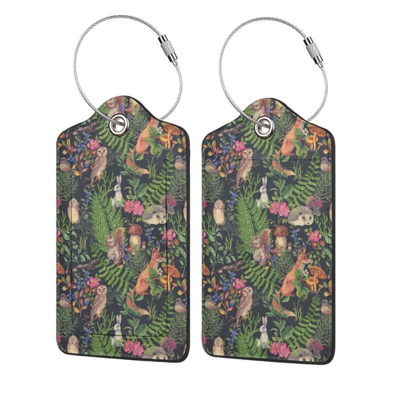 Fuzoiu Forest Animals And Plants Print Premium Leather Luggage Tag,Travel Accessory,Luggage Tag for Suitcase Baggage Handbag Travel Bag,Name Card & Privacy Cover-2 PCS