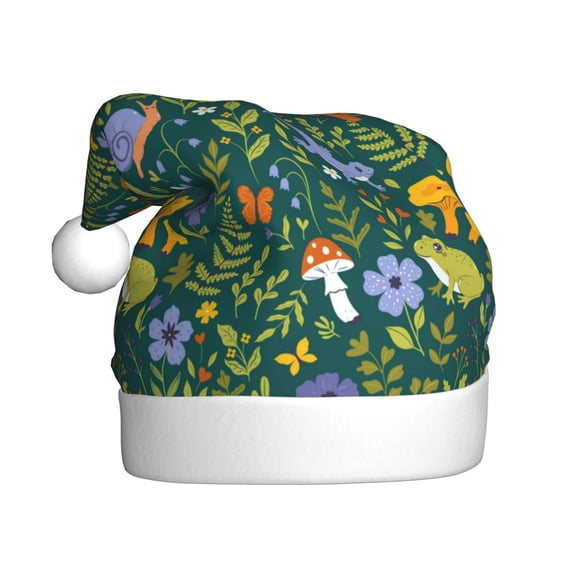 Fuzoiu Forest Flora And Fauna Print Santa Hat Christmas Hat for Adults,Santa Hats with Pompom, Unisex Xmas Holiday Hat for Christmas New Year Festive Party Supplies