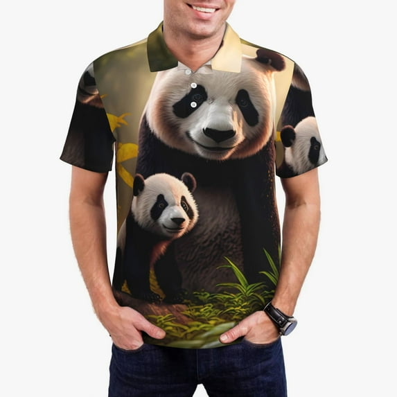 Fuzoiu Forest Panda Print Men's Polo Shirts Short Sleeve,Golf Shirts for Men,Mens Golf Shirt Moisture Wicking Quick-Dry-Large