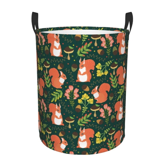 Fuzoiu Forest Squirrel Print Circular Hamper,Laundry Basket with Handle,Collapsible Laundry,Dirty Clothes Storage Basket,for Bedroom Bathroom Dorm Living Room-Small