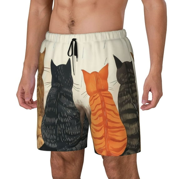 Fuzoiu Four Cats Watching Rain Print Men's Swim Shorts,Quick-Dry Double-Layer Swim Trunks,Board Trunks,Beach Shorts Swimwear Bathing Suits-Medium