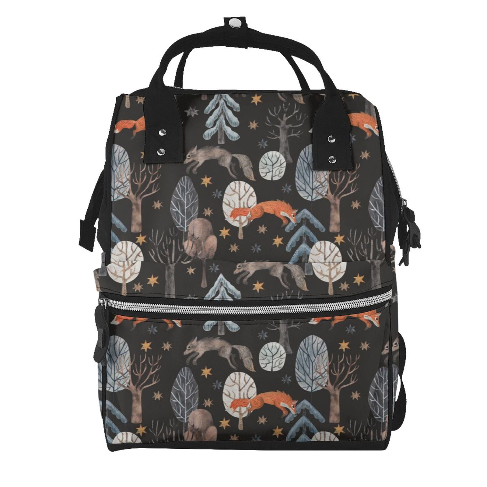 Fuzoiu Fox In The Forest Print Diaper Bag Backpack,Baby Essentials Travel Tote,Multi function Waterproof Diaper Bag, Travel Essentials Baby Bag - Unisex
