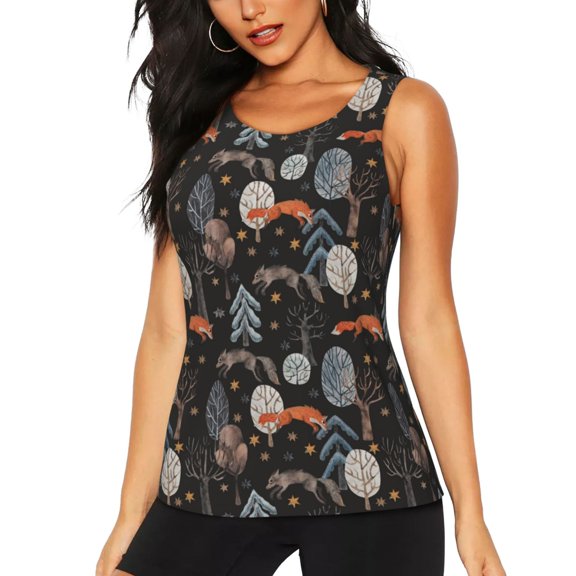 Fuzoiu Fox In The Forest Print Women's Workout Tank Top,Athletic Racerback Sports Tank,Tops Sleeveless Running Loose Fit Yoga Tops,Active Shirts for Yoga, Running, and Gym-Small