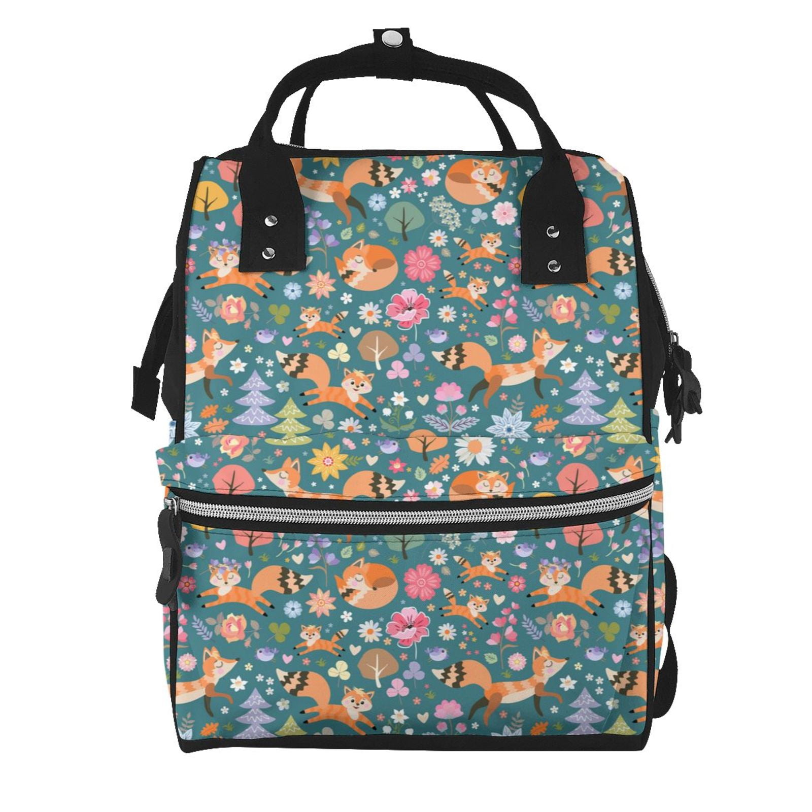Fuzoiu Foxes and Birds in Forest Print Diaper Bag Backpack,Baby Essentials Travel Tote,Multi function Waterproof Diaper Bag, Travel Essentials Baby Bag - Unisex