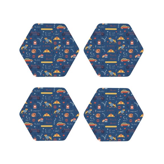 Fuzoiu French Bulldog Dog In Beret Print Leather Coasters Set,Drink Coasters Set of 4,for Tabletop Protection, Durable PVC Coasters,Home Décor and Housewarming Gift-Hexagon