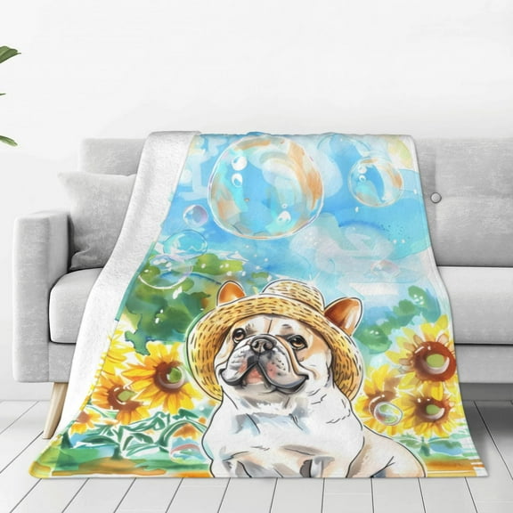 Fuzoiu French Bulldog Sunflowers Bubbles Print Ultra-Soft Micro Fleece Blanket,All Seasons Flannel Throw, Lightweight Blanket for Bed, Sofa, Couch, Movie Night, Camping, and Travel-40"x30"