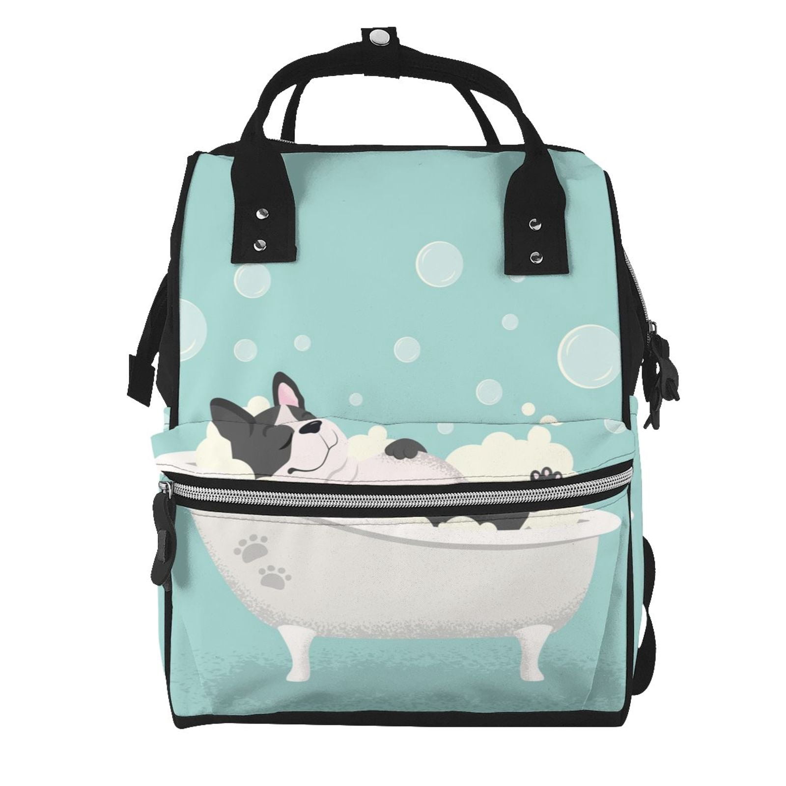 Fuzoiu French Bulldog Taking a Bath Print Diaper Bag Backpack,Baby Essentials Travel Tote,Multi function Waterproof Diaper Bag, Travel Essentials Baby Bag - Unisex