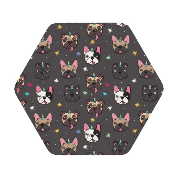 Fuzoiu French Bulldogs Print Leather Coasters Set,Drink Coasters Set of 6,for Tabletop Protection, Durable PVC Coasters,Home Décor and Housewarming Gift,Hexagon