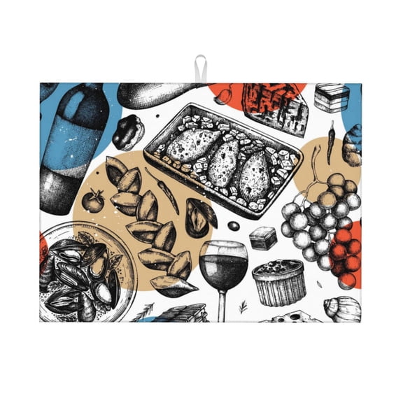 Fuzoiu French Food Print Absorbent, Reversible Microfiber Dish Drying Mat for Kitchen, Dish Drying Pad for Dishes, Utensils, Pots and Pans, Extra Large 18 Inch x 24 Inch