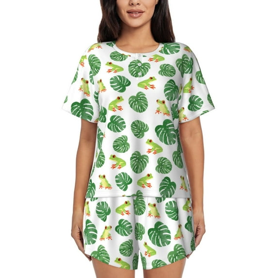 Fuzoiu Frogs And Tropical Leaves Print Women's Short-Sleeved Pajama Set,Lounge Sleepwear Set,Womens Pajama Sets 2 Piece,Button-Up Top and Shorts with Pockets-X-Large