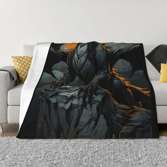 Fuzoiu Full Moon Black Dragon Print Flannel Blanket,Throw Blanket,Flannel Home Decor,Fleece Bed Blankets,Cozy Soft Blanket for Bed, Sofa, Camping, and Travel-60"x50"